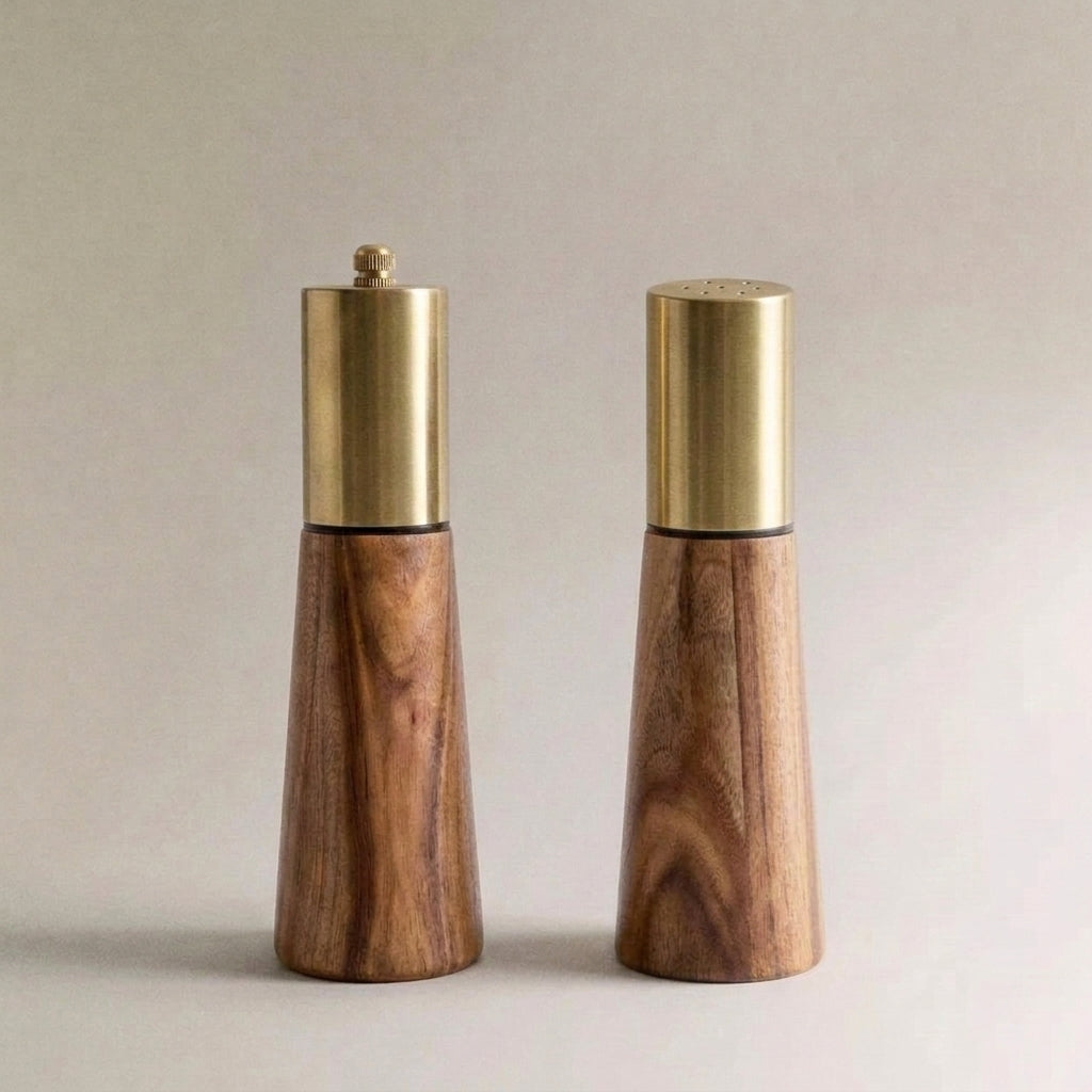 Acacia Wood Mill & Shaker Set | Brass Detail - View 2