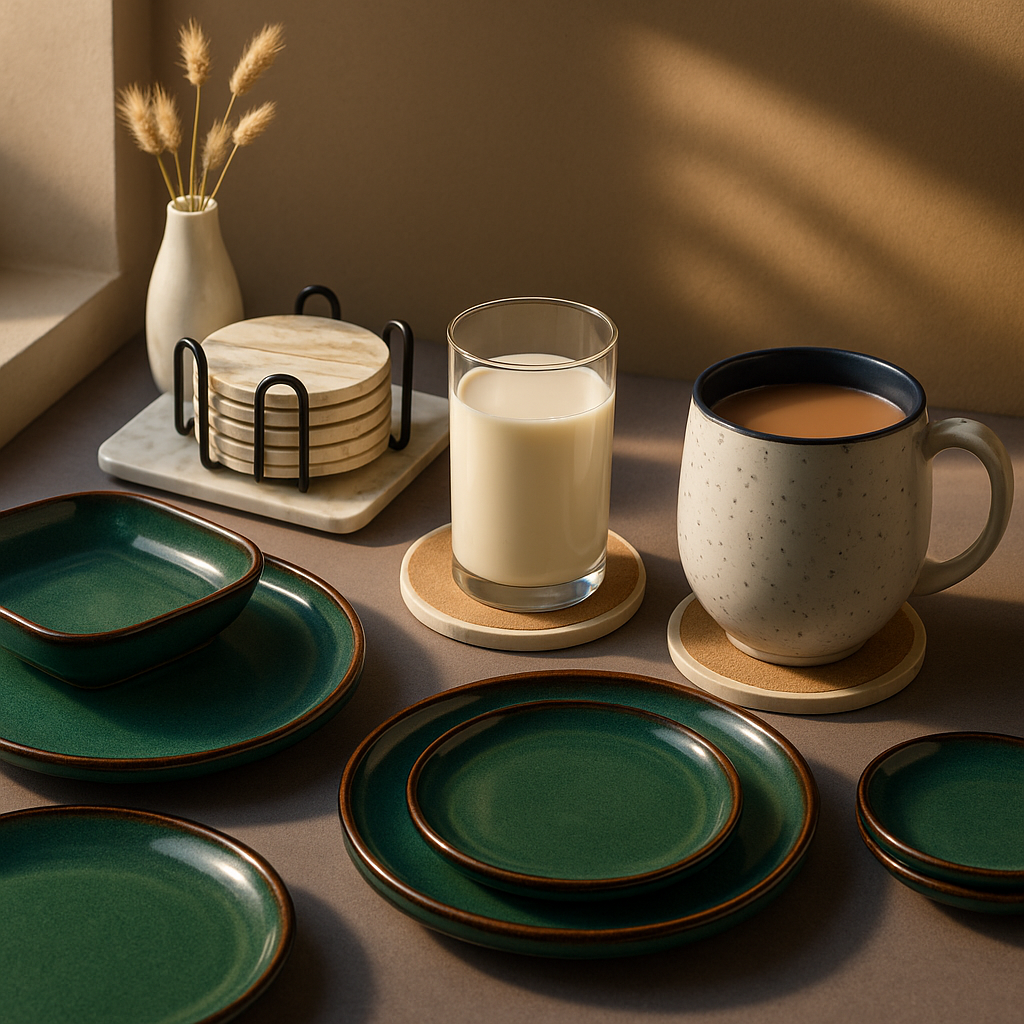 Marble Effect Ceramic Coaster Set – 6pcs with Holder, 10.2cm Drink Coasters for Table Protection - View 5