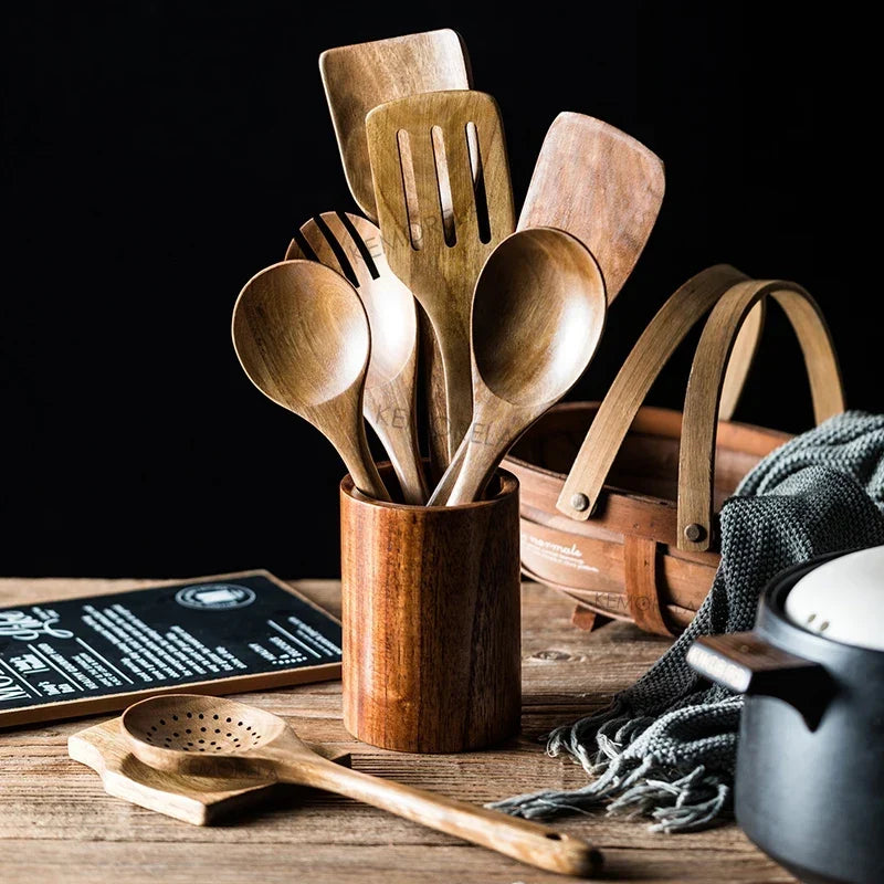 Acacia Wooden Kitchen Utensils Set – Spoons, Holder & Spoon Rest 9-Piece — image 5