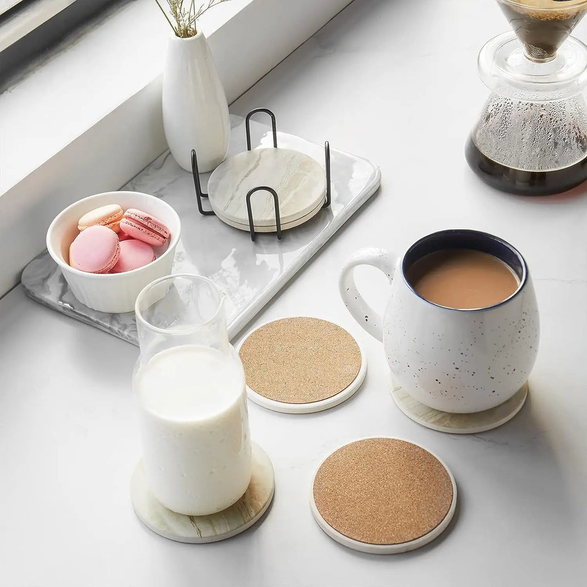 Marble Effect Ceramic Coaster Set – 6pcs with Holder, 10.2cm Drink Coasters for Table Protection — image 3