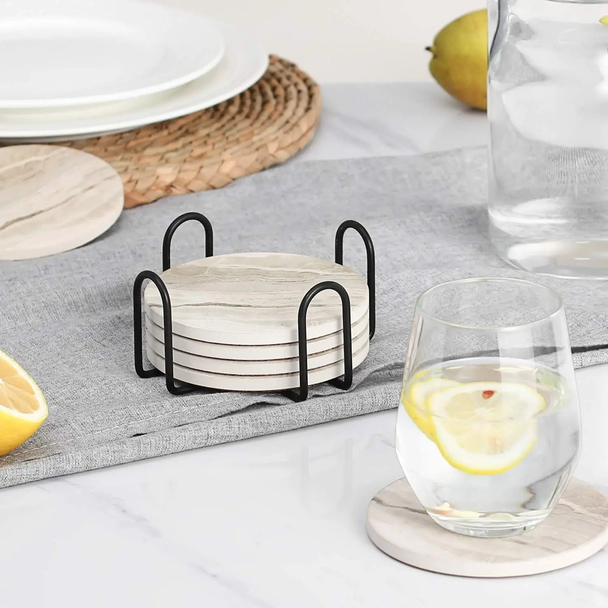 Marble Effect Ceramic Coaster Set – 6pcs with Holder, 10.2cm Drink Coasters for Table Protection - View 2