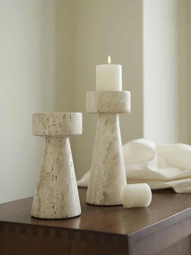 Minimalist Marble Candle Holder – Travertine Stone Taper Candlestick - View 2